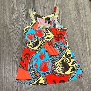 Bisou Bisou Halter Tank Top Floral Print Woven Trim Multicolor Size Large